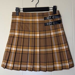 No Boundaries Brown Plaid Mini Skirt with Buckles